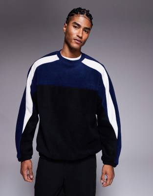Locker geschnittenes Fleece-Sweatshirt in Schwarz mit Colourblock-Design Schwarz 2XL