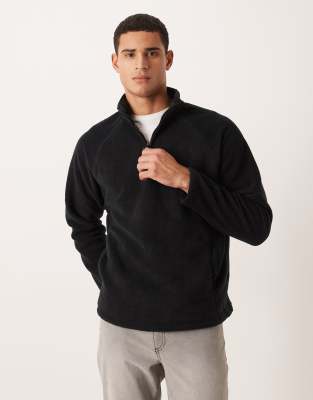Locker geschnittenes Fleece-Sweatshirt in Schwarz mit Stehkragen und kurzem Reißverschluss Schwarz 2XL