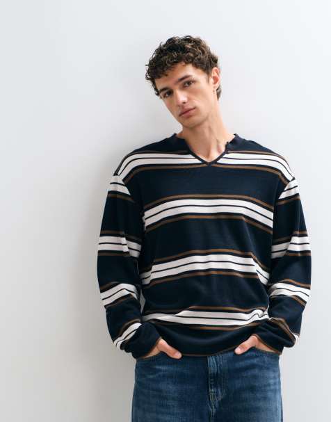 ASOS DESIGN locker geschnittenes, gestreiftes Langarmoberteil mit eingekerbtem Ausschnitt in Marineblau mit Waffelstruktur - view 1