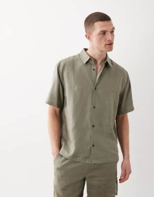 Locker geschnittenes Hemd aus 100% Leinen in Khaki, Kombiteil-Grün Grün XL