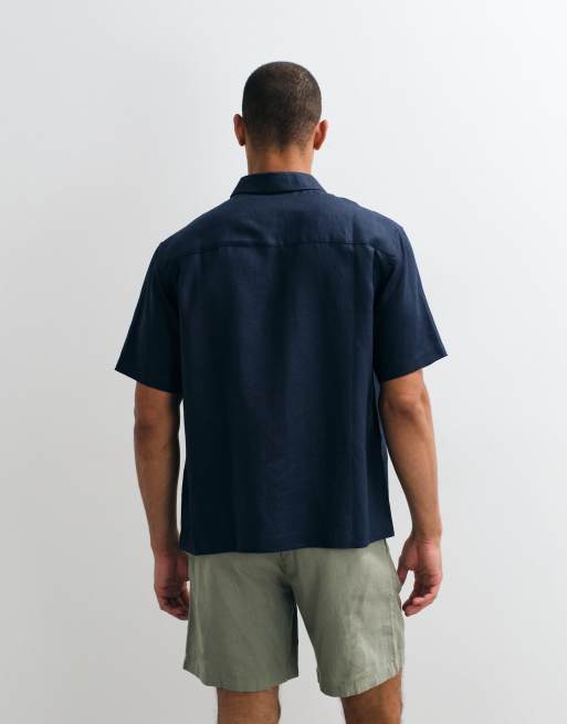 ASOS DESIGN – Locker geschnittenes Hemd aus 100% Leinen in Marineblau, Kombiteil, 4 von 5