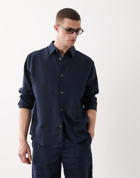 ASOS DESIGN – Locker geschnittenes Hemd aus 100% Leinen in Marineblau, Kombiteil - view 1