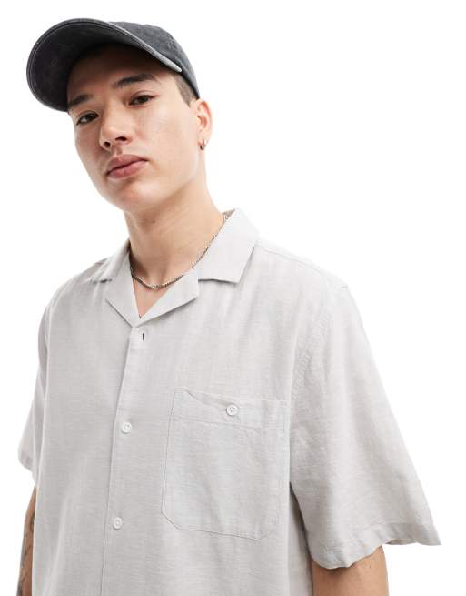 ASOS DESIGN – Locker geschnittenes Hemd aus Leinenmix in Hellgrau mit Reverskragen