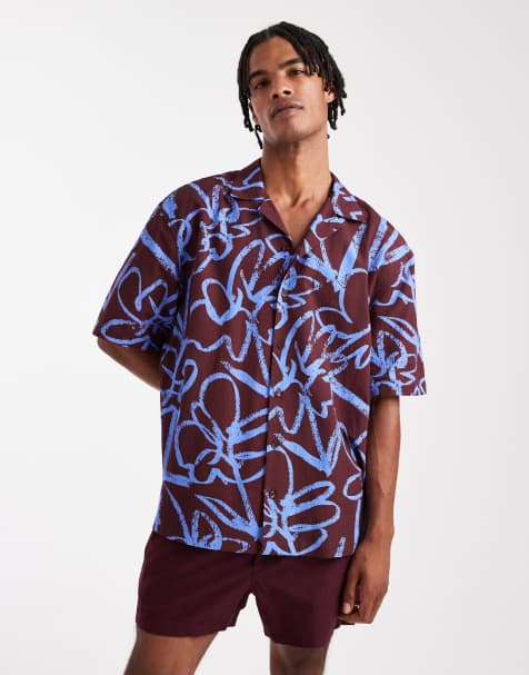 ASOS DESIGN – Locker geschnittenes Hemd in Burgunderrot mit Reverskragen und Blumenmuster, Kombiteil - view 1