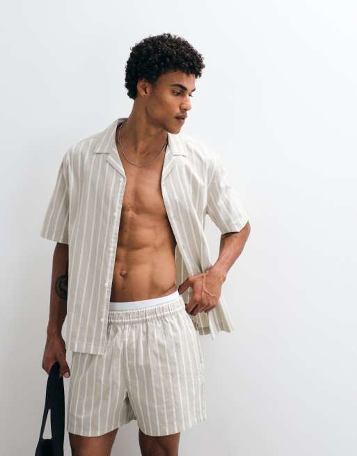 ASOS DESIGN – Locker geschnittenes Hemd in grüner Leinenoptik mit Streifen, Kombiteil, 4 von 9