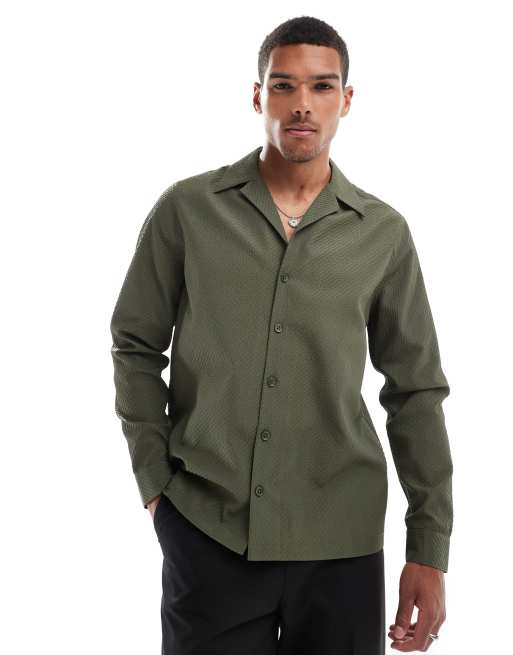 ASOS DESIGN – Locker geschnittenes Hemd in Khaki mit Struktur und Reverskragen 