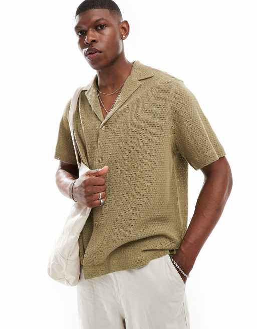 ASOS DESIGN – Locker geschnittenes Hemd in Khaki mit strukturiertem Flechtmuster und langem Reverskragen