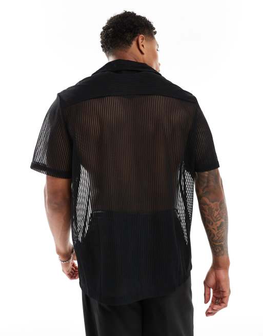 ASOS DESIGN – Locker geschnittenes Hemd in Schwarz aus Spitze mit tiefem Reverskragen, 2 von 4