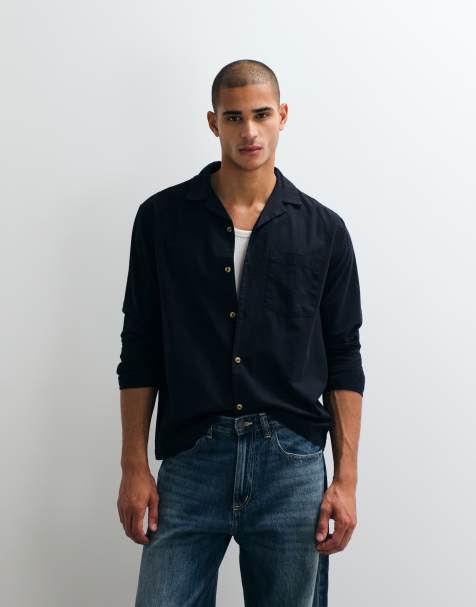 ASOS DESIGN – Locker geschnittenes Hemd in Schwarz mit Leinenanteil und Reverskragen, Kombiteil - view 1