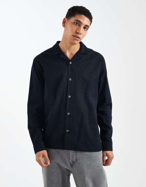 ASOS DESIGN – Locker geschnittenes Hemd in Schwarz mit Leinenanteil und Reverskragen - view 1