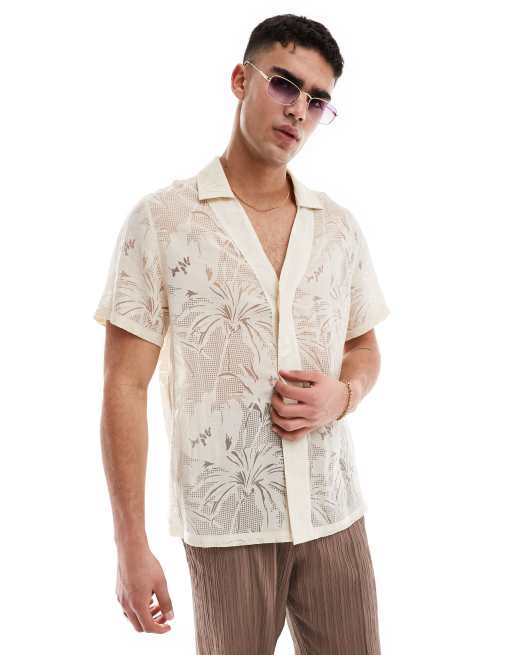 ASOS DESIGN – Locker geschnittenes Hemd in Steinbeige mit tiefem Ausschnitt und Ausbrennermuster 
