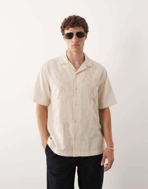 ASOS DESIGN – Locker geschnittenes Hemd mit Leinen in Beige mit Kordelmuster - view 1