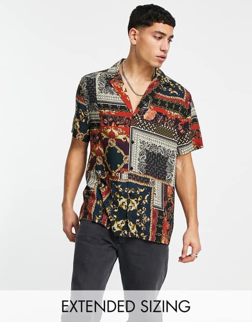 ASOS DESIGN – Locker geschnittenes Hemd mit tiefem Reverskragen und Patchwork-Barockmuster
