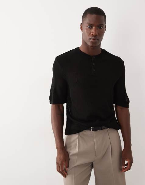 ASOS DESIGN – Locker geschnittenes Henley-Oberteil aus Rippstrick in Schwarz - view 1