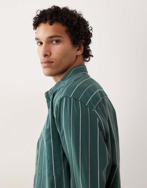 ASOS DESIGN – Locker geschnittenes Jacquard-Hemd in Grün mit Streifen, 4 von 5