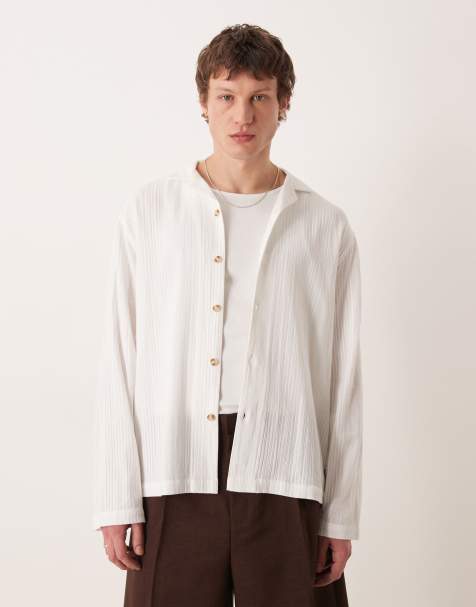 ASOS DESIGN – Locker geschnittenes Jacquard-Hemd in Weiß gestreift mit Reverskragen - view 1