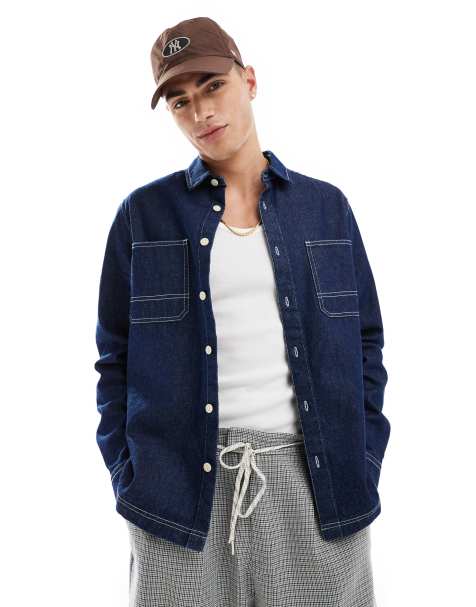 ASOS DESIGN – Locker geschnittenes Jeanshemd in blauer Rinse-Waschung mit Steppnähten - view 1