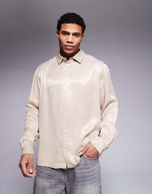 ASOS DESIGN – Locker geschnittenes, kastiges Hemd aus Satin in Beige