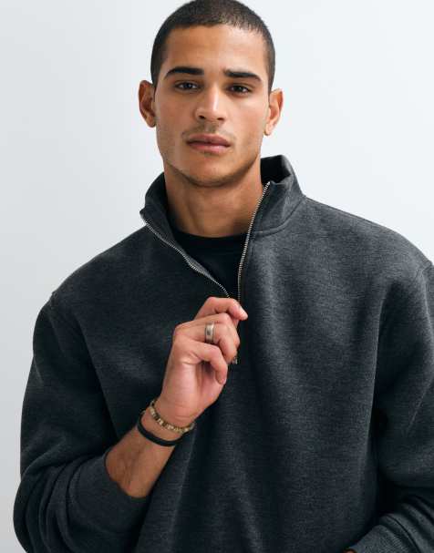 ASOS DESIGN locker geschnittenes, kastiges Oberteil mit Stehkragen und halbem Reißverschluss aus Scuba-Material in Anthrazit - view 1