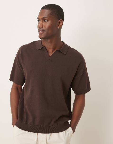 ASOS DESIGN – Locker geschnittenes, kastiges Polohemd aus mittelschwerem Baumwollstrick in Braun mit eingekerbtem Ausschnitt - view 1