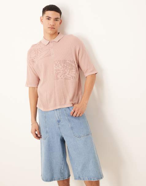 ASOS DESIGN – Locker geschnittenes, kastiges Strick-Polohemd in Staubrosa mit floralem Patchwork-Muster - view 1