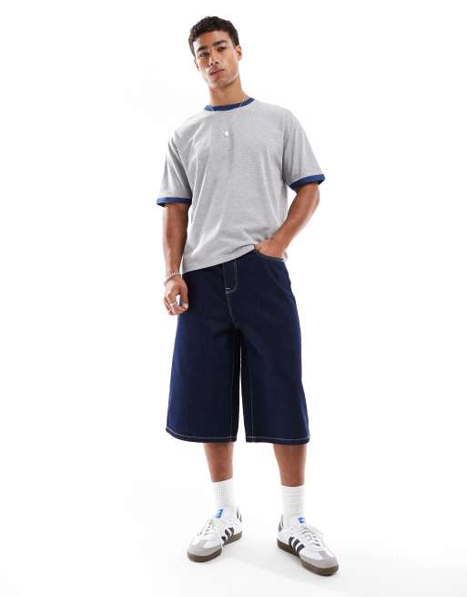 ASOS DESIGN – Locker geschnittenes, kastiges T-Shirt in Grau mit Einfassung in Marineblau , 2 von 4