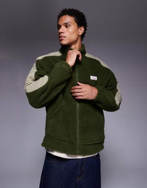 ASOS DESIGN – Locker geschnittenes, kastiges Teddyfell-Sweatshirt in Grün mit Stehkragen, durchgehendem Reißverschluss und Kontrasteinsätzen - view 1