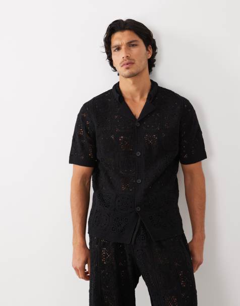 ASOS DESIGN – Locker geschnittenes, kurzärmliges Hemd aus Häkelstrick in Schwarz mit Knopfleiste und Reverskragen - view 1
