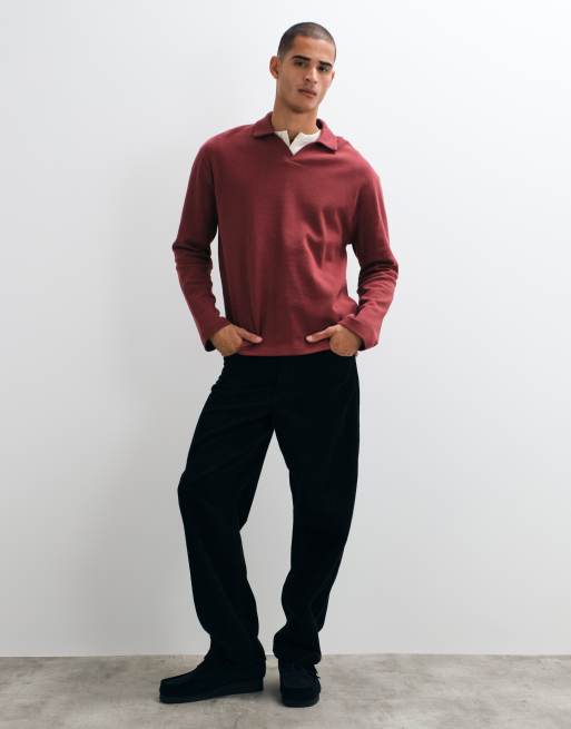 ASOS DESIGN locker geschnittenes langärmeliges Polohemd mit Reverskragen in Rot mit Waffelstruktur, 4 von 9