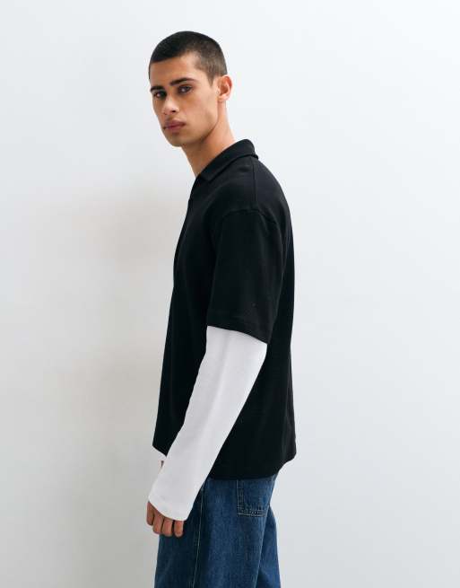 ASOS DESIGN locker geschnittenes langärmliges doppellagiges Polohemd in Schwarz, 3 von 5