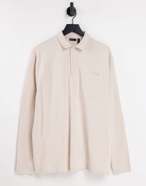 ASOS DESIGN – Locker geschnittenes, langärmliges Pikee-Polohemd in Beige mit ausgefallener Rippenstruktur