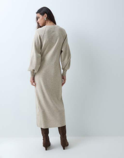 ASOS DESIGN locker geschnittenes Midi-Kleid mit feinem Strick und Rundhalsausschnitt in Oatmeal, 3 von 5