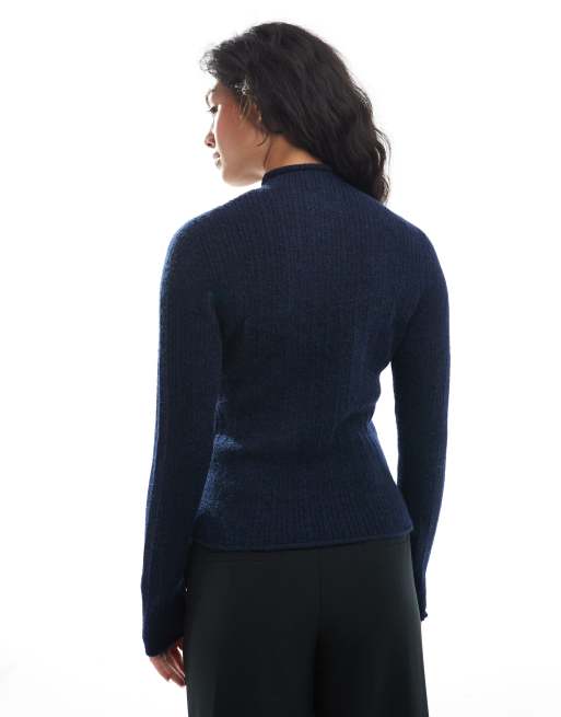 ASOS DESIGN – Locker geschnittenes Oberteil aus Rippstrick in Marineblau mit Stehkragen, 4 von 4