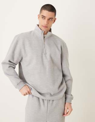 Locker geschnittenes Pikee-Sweatshirt in meliertem Grau mit kurzem Reißverschluss Grau S