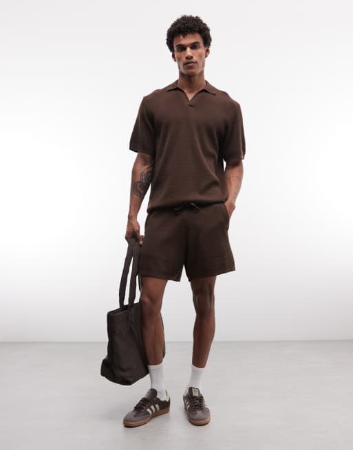 ASOS DESIGN – Locker geschnittenes Polohemd aus gestricktem Airtex in Braun mit eingekerbtem Ausschnitt, 2 von 5