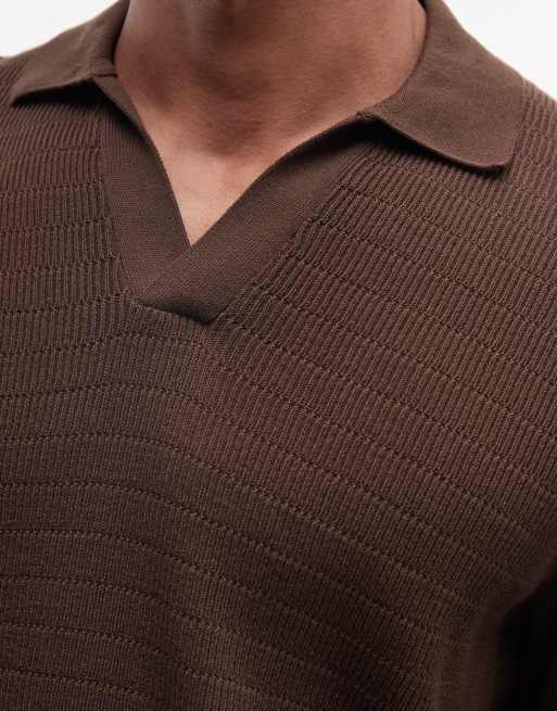 ASOS DESIGN – Locker geschnittenes Polohemd aus gestricktem Airtex in Braun mit eingekerbtem Ausschnitt, 3 von 5