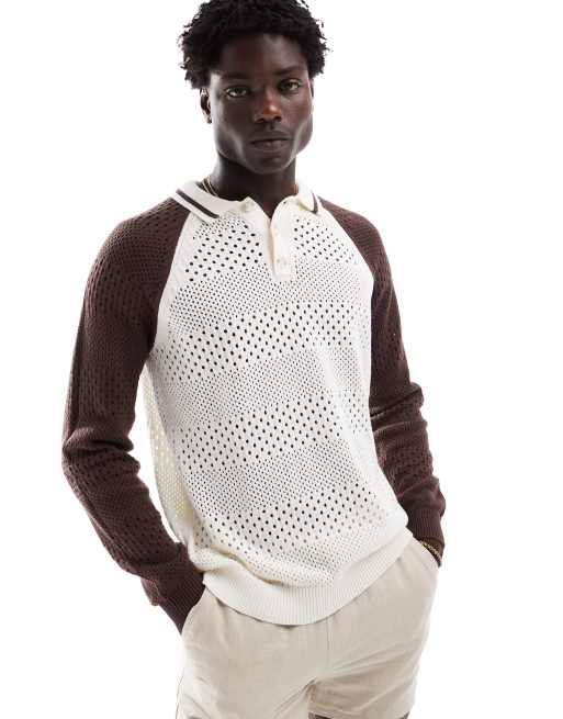 ASOS DESIGN – Locker geschnittenes Polohemd aus Pointelle-Strick in Ecru mit Knopfleiste und braunen Kontrastärmeln
