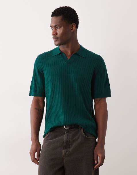 ASOS DESIGN – Locker geschnittenes Polohemd aus Strick in Dunkelgrün mit eingekerbtem Ausschnitt - view 1