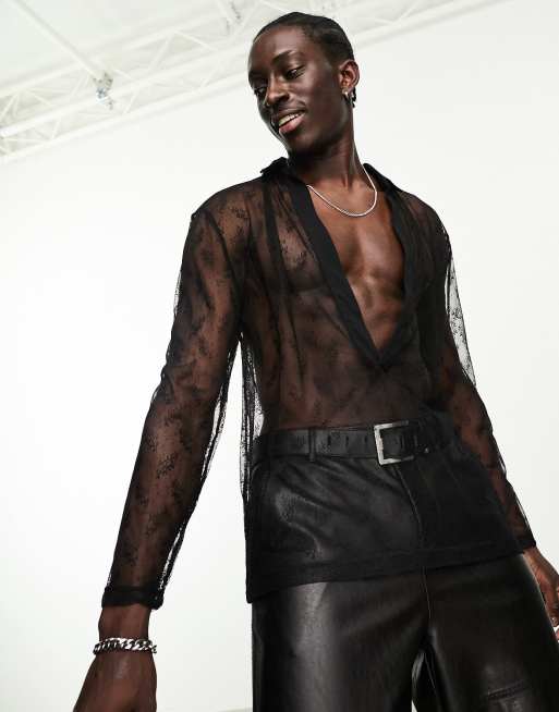 ASOS DESIGN – Locker geschnittenes Polohemd aus transparenter Spitze mit tiefem V-Ausschnitt 