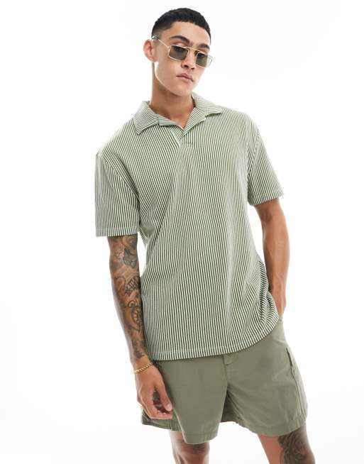 ASOS DESIGN – Locker geschnittenes Polohemd in Grün mit strukturierten Streifen