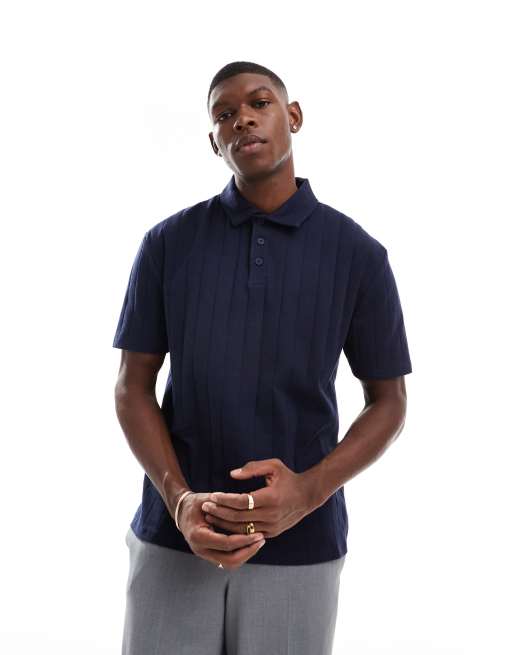 ASOS DESIGN – Locker geschnittenes Polohemd in Marineblau mit breiter Rippenstruktur