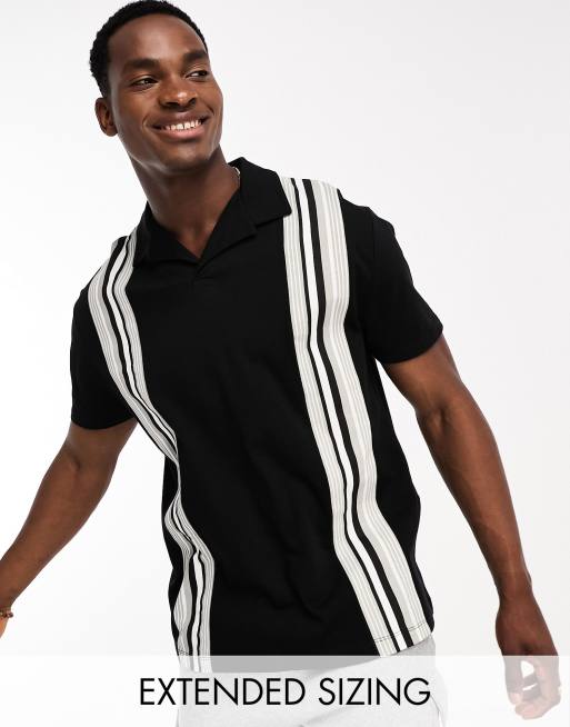 ASOS DESIGN – Locker geschnittenes Polohemd mit vertikalem Streifenmuster in Schwarz & Weiß