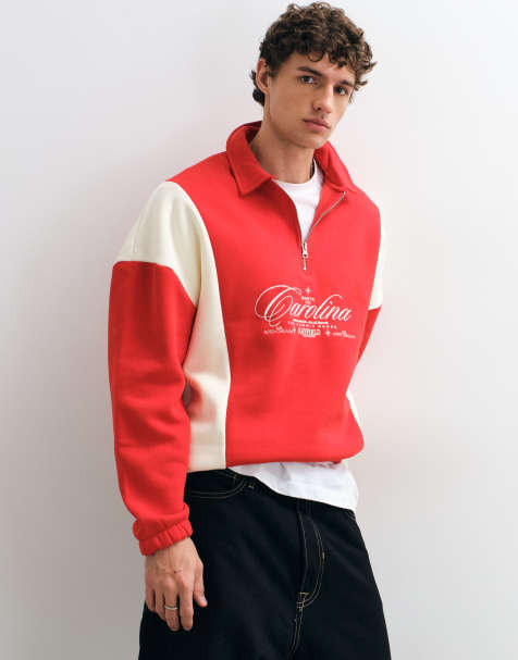ASOS DESIGN locker geschnittenes Poloshirt mit Viertelreißverschluss, Cut-and-Sew-Einsätzen und Stickprint in Rot - view 1