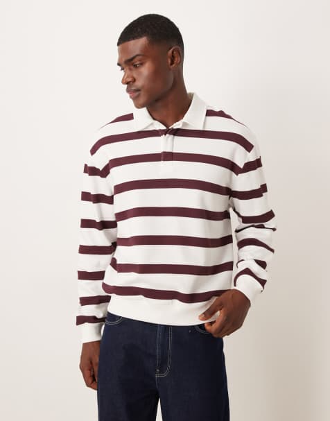 ASOS DESIGN – Locker geschnittenes Rugby-Polo-Sweatshirt in Creme und Rot gestreift - view 1