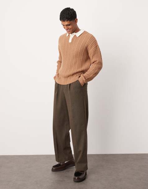 ASOS DESIGN – Locker geschnittenes Rugby-Polohemd aus Strick in Hellbraun mit Zopfmuster - view 1