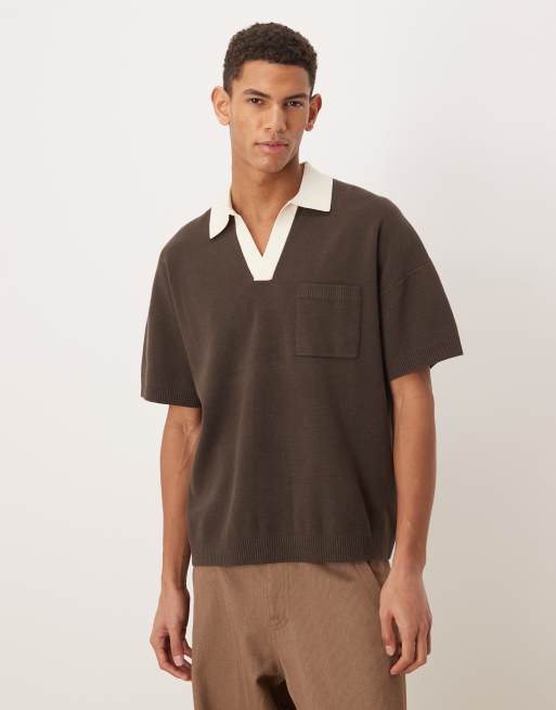 ASOS DESIGN – Locker geschnittenes Strick-Polohemd in Braun mit eingekerbtem Ausschnitt und Brusttasche, 2 von 5