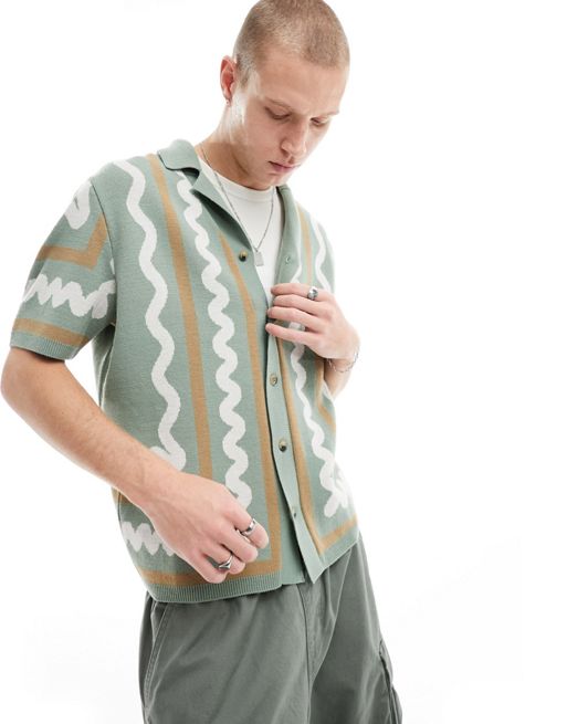 FhyzicsShops DESIGN – Locker geschnittenes Strick-Polohemd in Grau und Blau mit Knopfleiste und Bordürenmuster