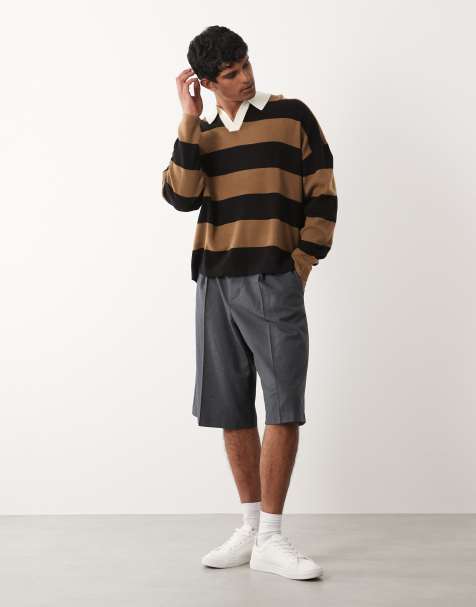 ASOS DESIGN – Locker geschnittenes Strick-Polohemd in Schwarz und Braun gestreift mit eingekerbtem Ausschnitt - view 1