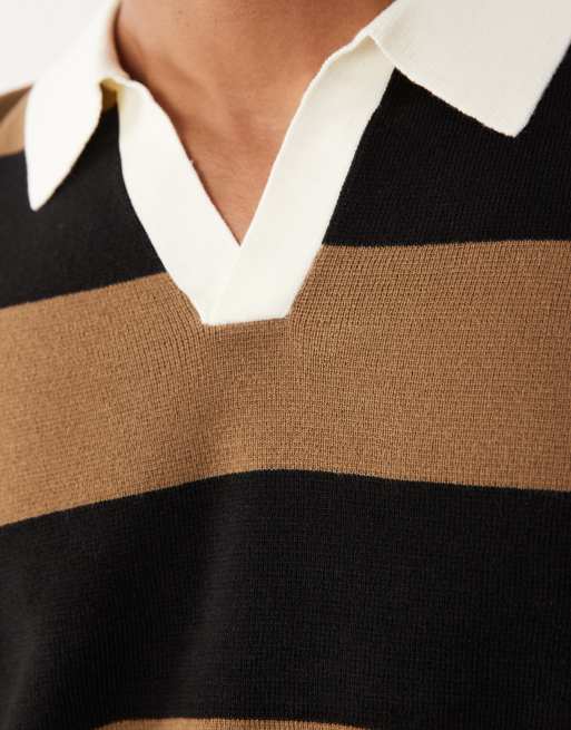 ASOS DESIGN – Locker geschnittenes Strick-Polohemd in Schwarz und Braun gestreift mit eingekerbtem Ausschnitt, 4 von 5
