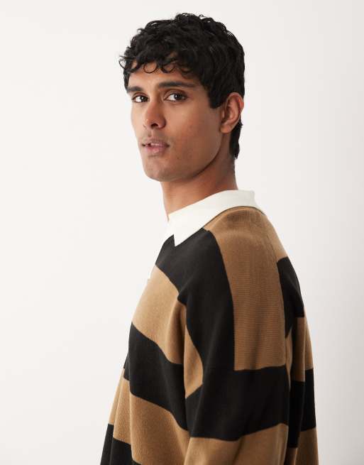 ASOS DESIGN – Locker geschnittenes Strick-Polohemd in Schwarz und Braun gestreift mit eingekerbtem Ausschnitt, 5 von 5